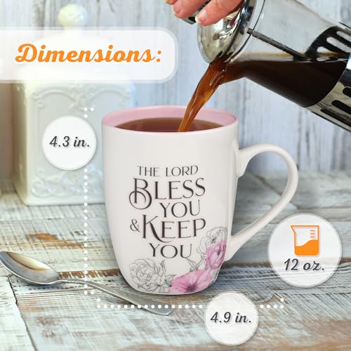 ▶ Taza de café y té de cerámica para mujer: May the Lord Bless You and Keep You - Números 6:24 versículo bíblico inspirador, floral, rosa, 12 onzas