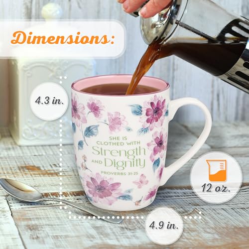 ▶ Christian Art Gifts - Taza de cerámica para café y té para mujer: fuerza y dignidad, proverbios 31:25, versículo bíblico inspirador, floral, rosa, 12 onzas, MUG1063