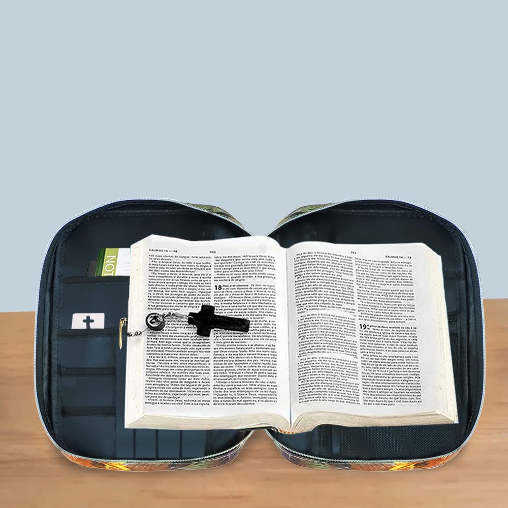 QTKJ Fundas de biblia para mujer con asa de transporte, funda para libro con bolsillo con cremallera para mamá, damas, adolescentes, niñas, patrón de hojas y flores (colorido)