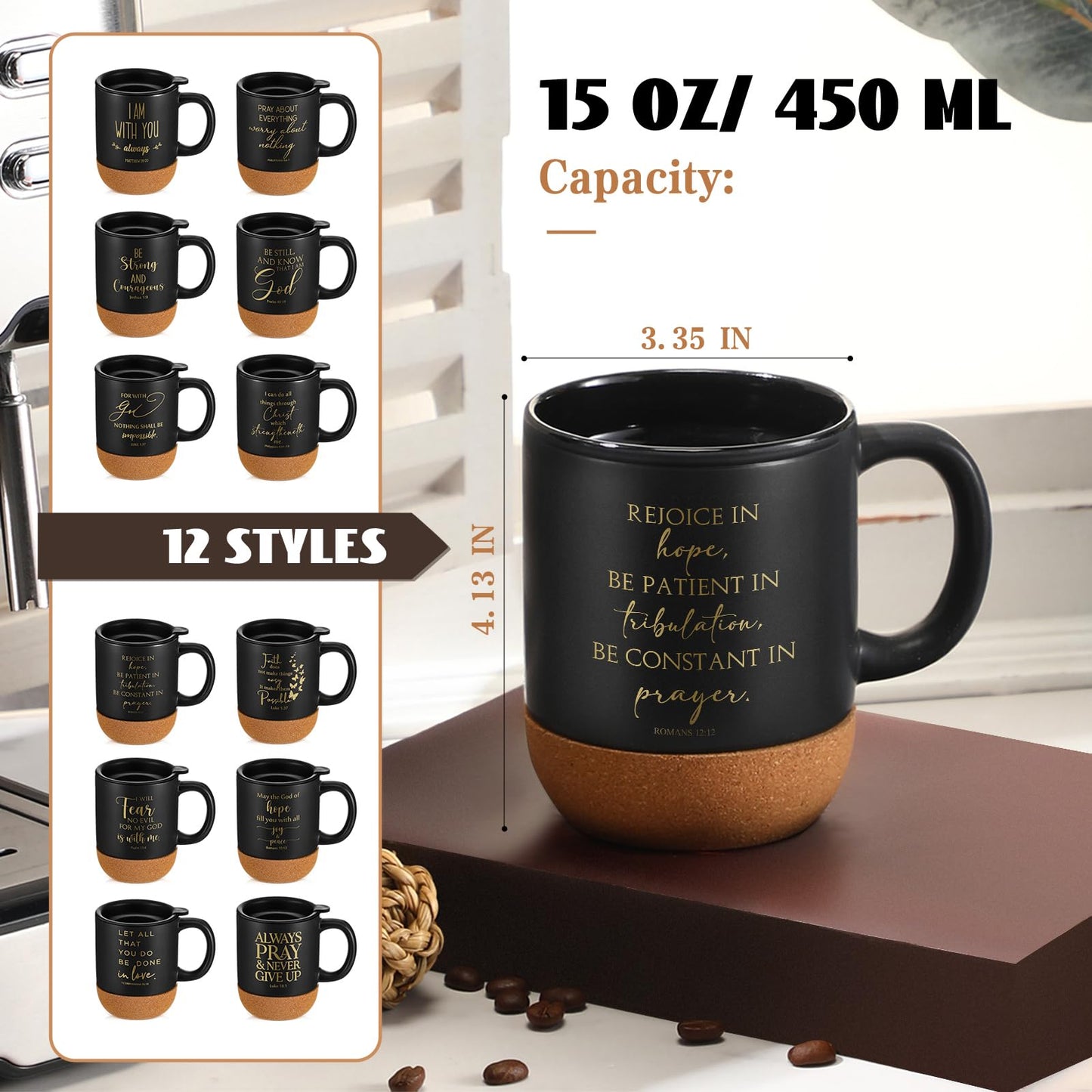 ▶ 12 tazas religiosas para regalos cristianos a granel, 15 onzas, tazas de café con parte inferior de corcho con versos, regalos inspiradores para maestros, enfermeras, día del padre, CNA