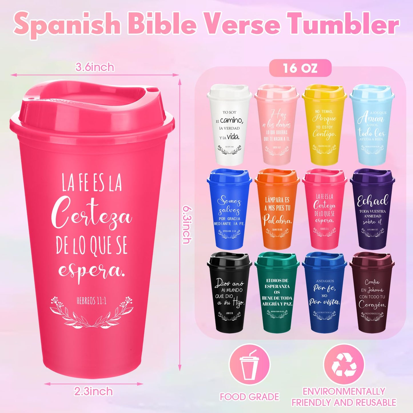 ▶ Tazas de café cristianas españolas de 16 onzas, reutilizables con versículo bíblico, vasos de plástico a granel con tapas, taza de viaje para el regreso a la escuela, regalos para profesores