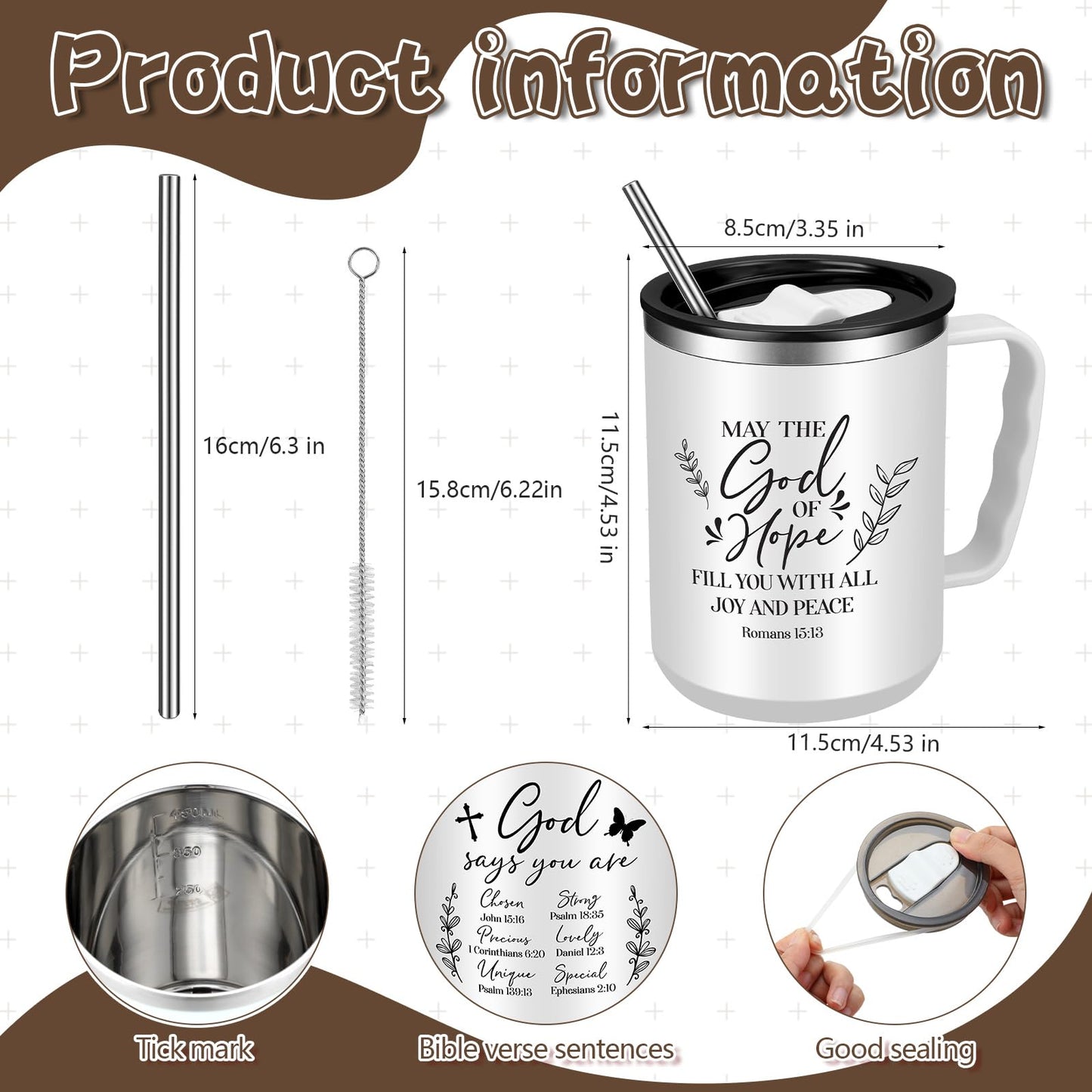 ▶ 6 Tazas de Café Cristianas de 17 oz con Tapa y Pajita Regalos Cristianos del Versículo Bíblico Religioso para Mujeres Vaso Aislado de Afirmaciones Bíblicas Inspiradoras para Mamá (Blanco)