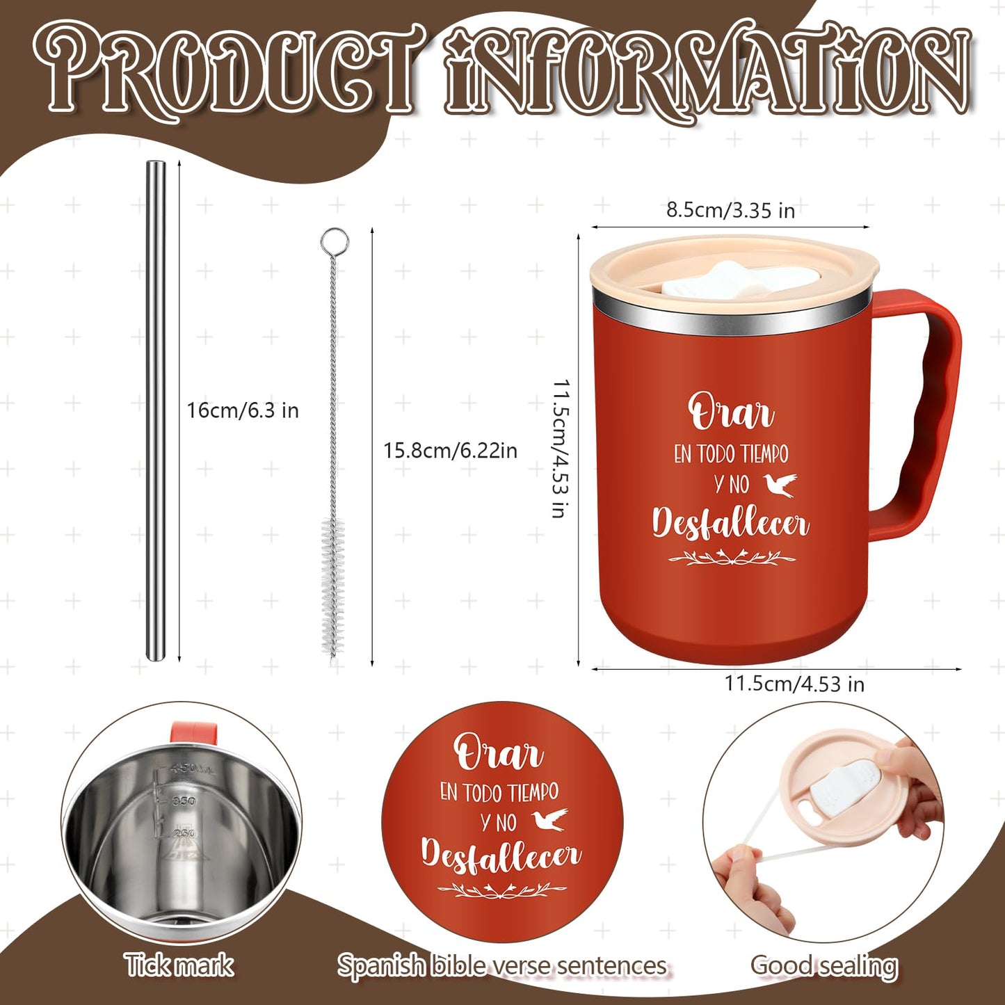 ▶ Juego de 6 tazas de café cristianas españolas de 17 onzas con tapa y pajita, versículo bíblico religioso, regalos cristianos, en inglés, para amigos españoles, hombres y mujeres