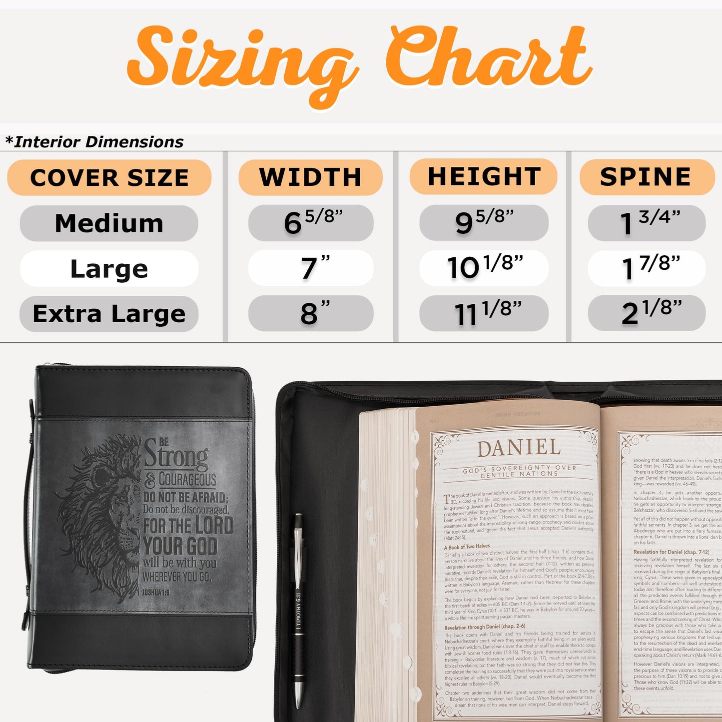 Be Strong Lion Two-Tone Black Bible Cover - Joshua 1:9 - Large