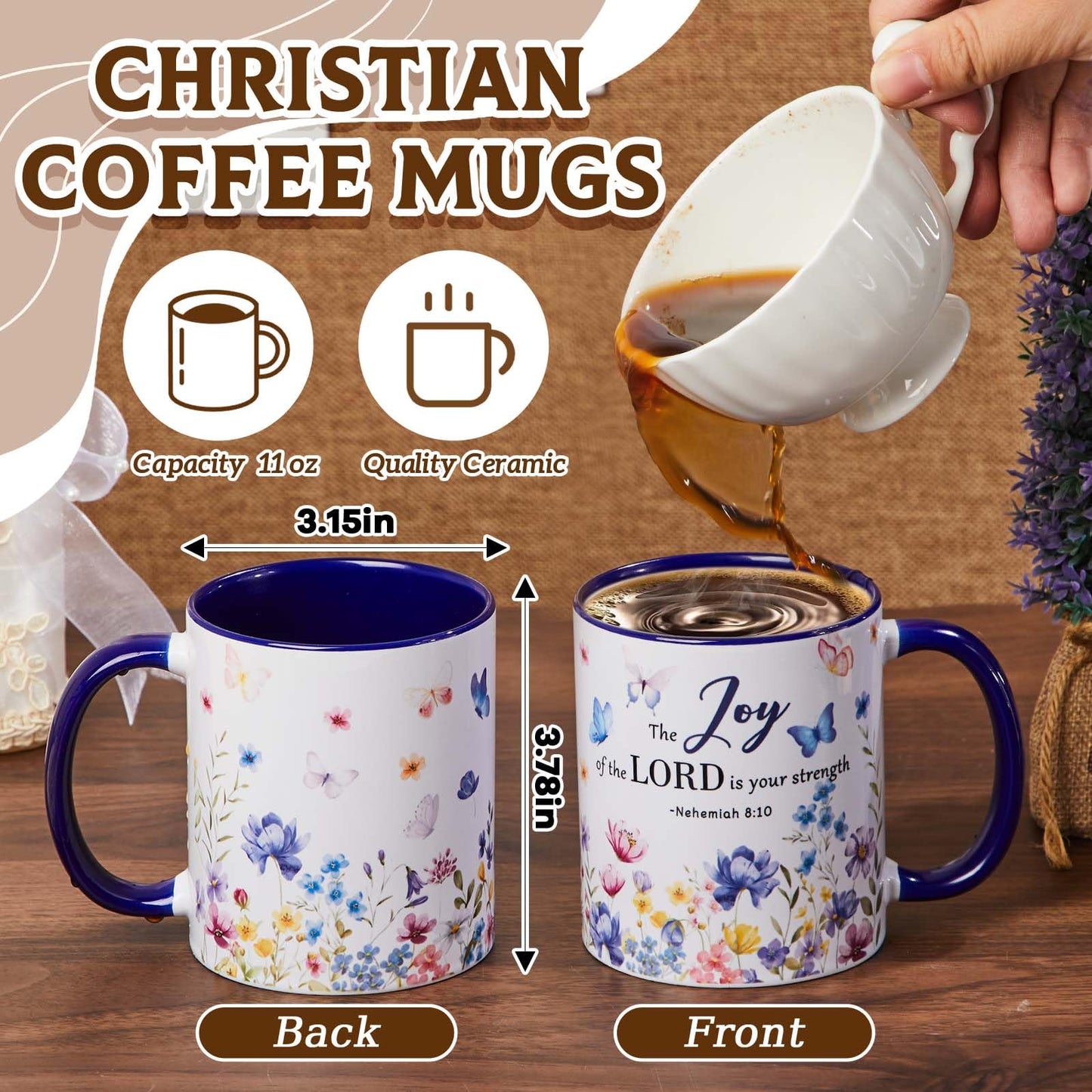 ▶ Juego de 4 tazas de café de cerámica para mujeres con versículo bíblico, juego de tazas de té cristianas, regalos inspiradores, diseño de flores de acuarela