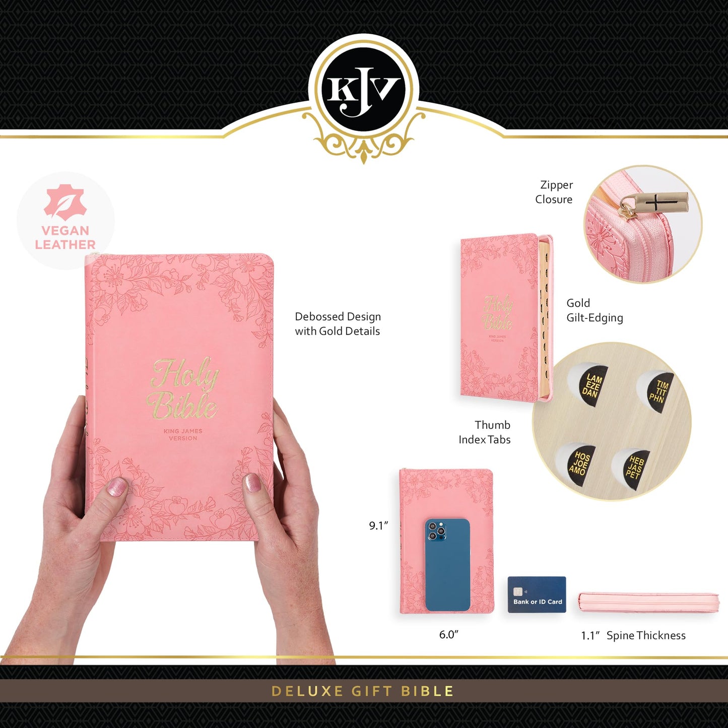 KJV Holy Bible, Standard Size Faux Leather Red Letter Edition - Thumb Index & Ribbon Marker, King James Version, Pink Floral Zipper Closure