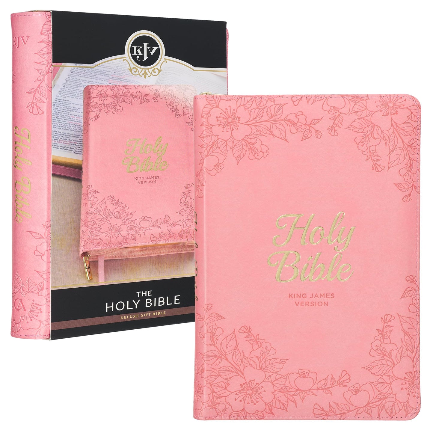 KJV Holy Bible, Standard Size Faux Leather Red Letter Edition - Thumb Index & Ribbon Marker, King James Version, Pink Floral Zipper Closure