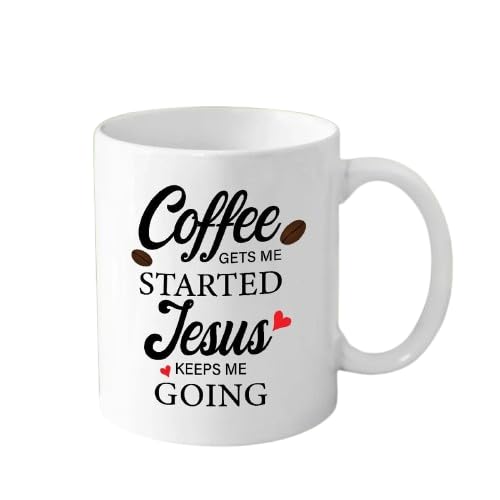 ▶ Taza de café cristiana inspiradora – Taza de cerámica de 11 onzas con cita "Coffee Gets Me Started, Jesus Keep Me Going", regalo de fe para mujeres y hombres