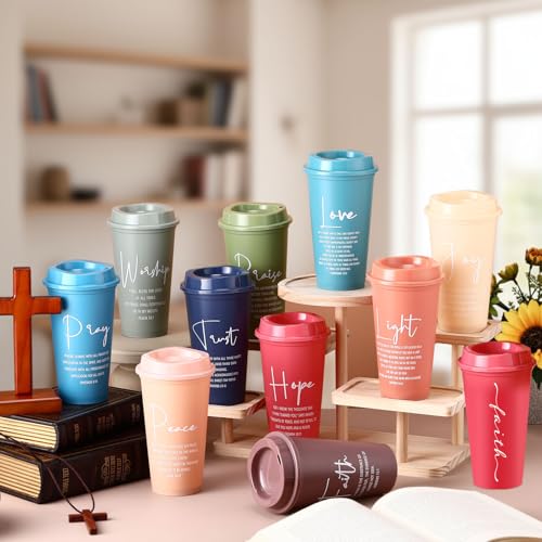 ▶ 40 tazas de café de plástico con versículo bíblico con tapas, vasos de plástico religioso reutilizables de 16 onzas, regalos de agradecimiento de la iglesia cristiana para empleados