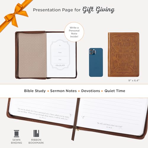 Classic Faux Leather Journal for I Know the Plans Jeremiah 29:11 Bible Verse Bible Verse Brown Inspirational Notebook, Lined Pages W/Scripture, Ribbon Marker, Zipper Closure