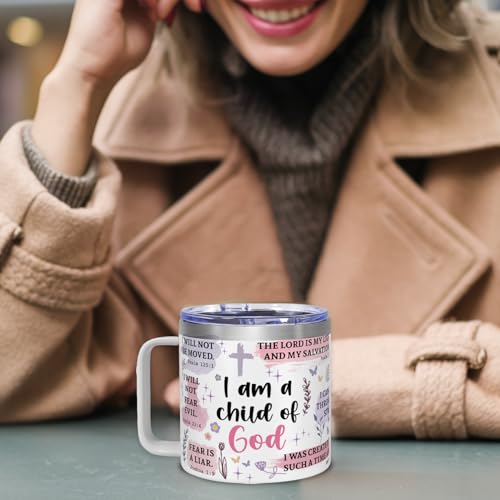 ▶ Vaso con texto en inglés "I Am A Child Of God", taza cristiana de viaje con versículo bíblico, regalo inspirador de cumpleaños, bautismo o fe católica para mujeres.