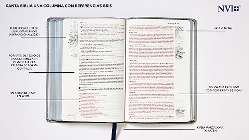 NVI, Santa Biblia, Texto revisado 2022, Una Columna con Referencias, Piel Reciclada, Palabras de Jesús en Rojo, Gris, Comfort Print