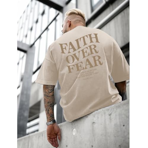▶ Camisa cristiana de fe sobre el miedo para hombres, camisas religiosas de Jesús de gran tamaño, camisetas gráficas de lavado ácido Dios, Albaricoque, XX-Large