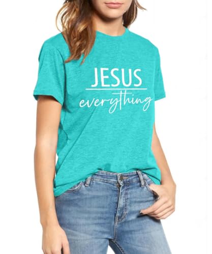 ▶ Camisetas con estampado de Jesús para mujer, con versículo bíblico, con citas religiosas, manga corta, con texto en inglés "Jesús y devoto", Verde menta-evertything, Small