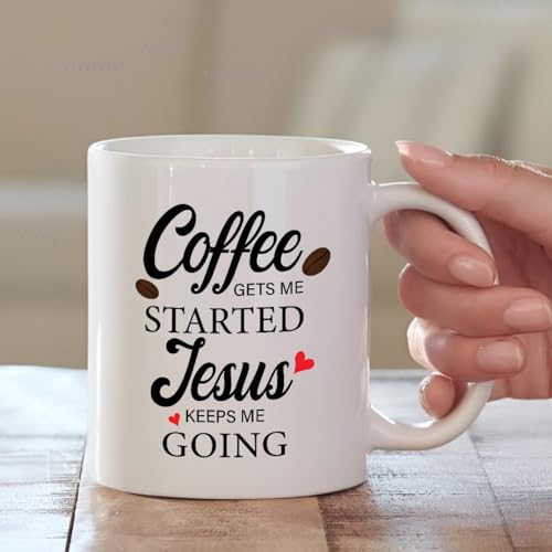 ▶ Taza de café cristiana inspiradora – Taza de cerámica de 11 onzas con cita "Coffee Gets Me Started, Jesus Keep Me Going", regalo de fe para mujeres y hombres