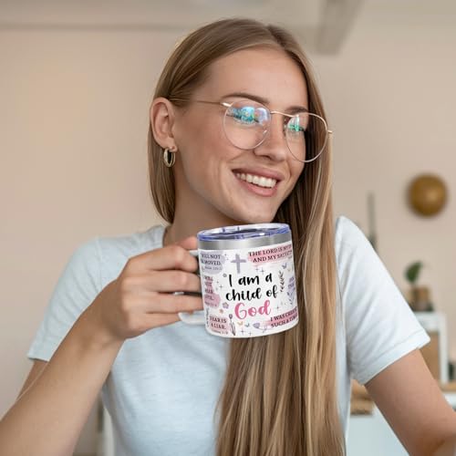 ▶ Vaso con texto en inglés "I Am A Child Of God", taza cristiana de viaje con versículo bíblico, regalo inspirador de cumpleaños, bautismo o fe católica para mujeres.