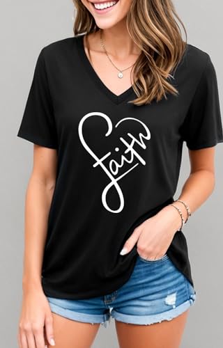 ▶ Mom's care Camisetas de fe Cruzada para Mujer, con Cuello en V, con Estampado de Letras, Playera Cristiana, Negro V, Small