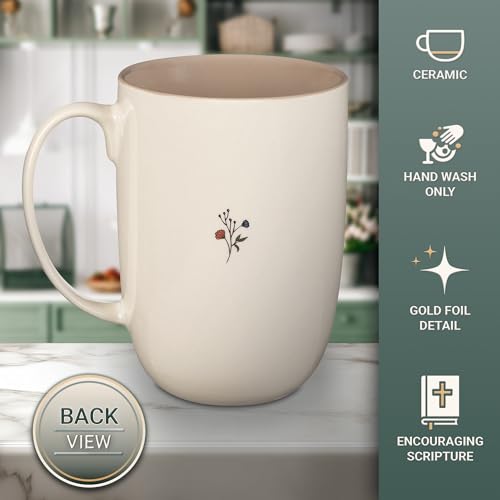▶ Taza de cerámica inspiradora grande para mujer, con versículo bíblico, para café y té: todo hermoso y estimulante, sin plomo ni cadmio, color blanco/gris pardo, multicolor floral
