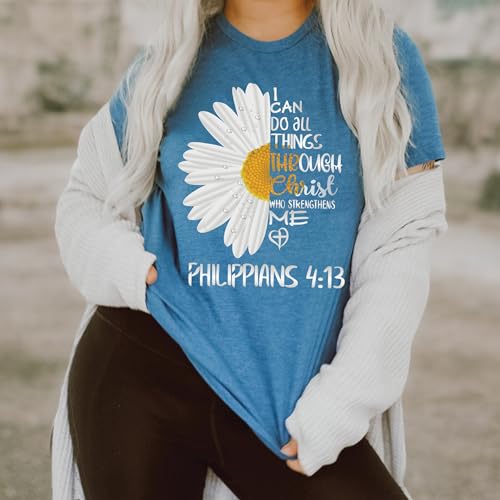 ▶ Love in Faith | I Can Do All Things Daisy | Camisas cristianas para mujer | Ropa basada en la fe | Regalos cristianos, jaspeado verde azulado profundo, Large