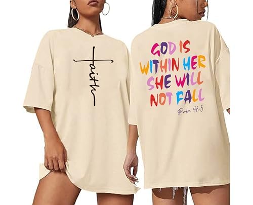 ▶Camisetas cristianas de gran tamaño para mujer, diseño de Dios está dentro de ella, camisetas de fe de Jesús, versículo bíblico inspirador, Albaricoque1, Small
