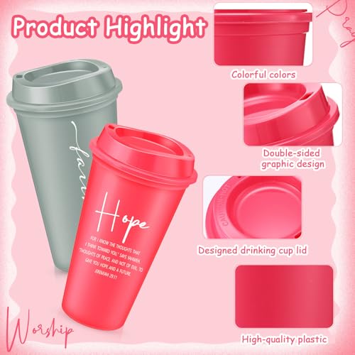 ▶ 40 tazas de café de plástico con versículo bíblico con tapas, vasos de plástico religioso reutilizables de 16 onzas, regalos de agradecimiento de la iglesia cristiana para empleados