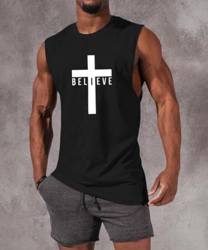 ▶ Playera sin mangas de algodón para hombre, diseño de Jesús Cross Believe, con estampado de fe, Negro -, M
