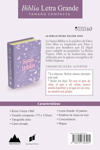 Biblia Rvr 1960 Compacta Símil Piel Juvenil Mariposa Lila (Bible Rvr 1960 Compact Size Leatherlike Youth Lilac Butterfly (Spanish Edition)