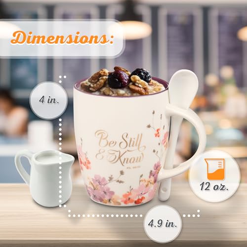 ▶ Taza de café y té con cuchara de cerámica para mujer: Be Still and Know - Salmo 46:10 mensaje inspirador de versículo bíblico para bebidas calientes y frías, flores moradas/blancas, 12 onzas