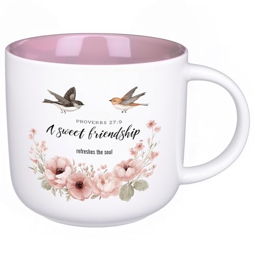 ▶ Taza de cerámica para la amistad de 14 onzas con diseño floral y pájaros, color rosa interior, una dulce amistad refresca el alma, regalo de mensaje cristiano para mujeres