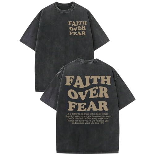 ▶ Camisas cristianas para hombres con fe sobre el miedo, camisa de gran tamaño, playera de lavado ácido, playera religiosa con versículo bíblico, Negro -, Large