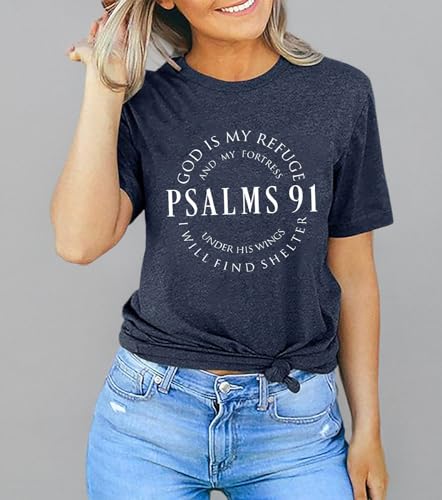 ▶Psalms 91 - playera de manga corta con estampado de letras divertidas y cristianas religiosas, camisetas de manga corta, Azul, XXL