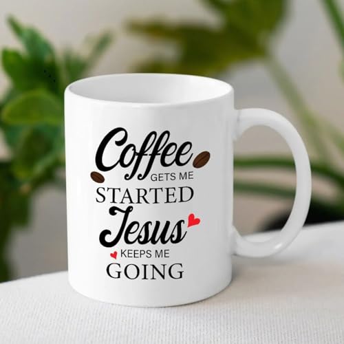 ▶ Taza de café cristiana inspiradora – Taza de cerámica de 11 onzas con cita "Coffee Gets Me Started, Jesus Keep Me Going", regalo de fe para mujeres y hombres