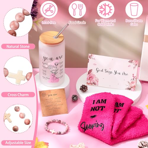 ▶  Juego de 6 piezas de regalo cristiano para mujer, incluye café de 16 onzas, taza de vidrio con tapa, bolsa de lona, calcetines cálidos, pulsera y tarjeta de felicitación, regalos religiosos