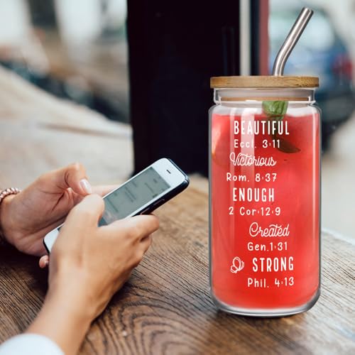 ▶Taza cristiana de vidrio con tapa de bambú, regalos cristianos para la fe de las mujeres, regalo bíblico para el día de la madre, regalos religiosos, regalo inspirador de aliento