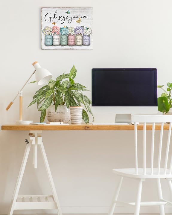 ▶ Arte de pared inspirador versículo bíblico: Dios dice que eres refranes de pared, flores en frasco de masón, impresión cristiana, citas, póster para mujeres, niñas, decoración de recámara, 12 x 15