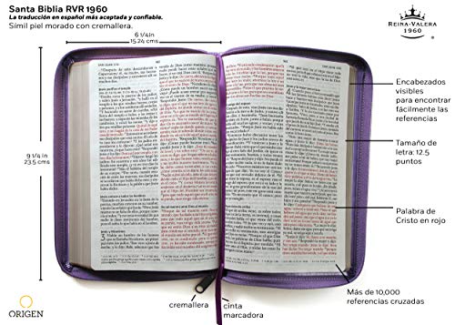 Biblia Reina Valera 1960 letra grande. Símil piel morado con cremallera