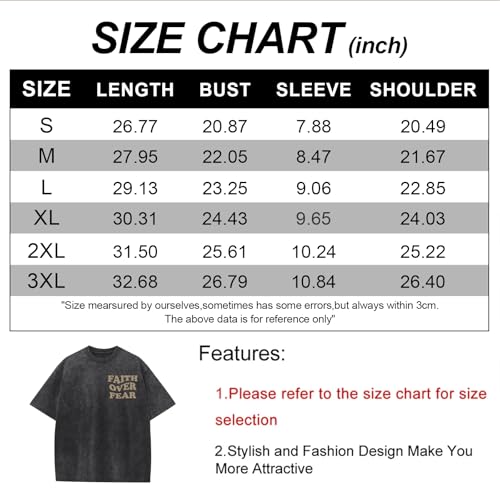 ▶ Camisas cristianas para hombres con fe sobre el miedo, camisa de gran tamaño, playera de lavado ácido, playera religiosa con versículo bíblico, Negro -, Large