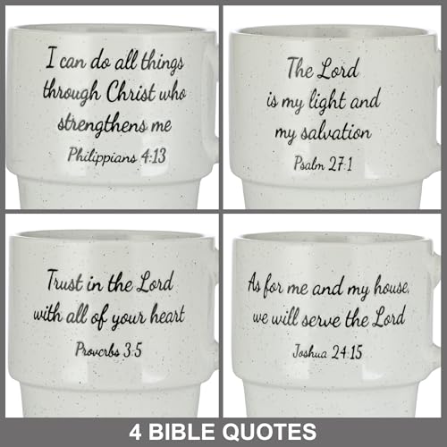 ▶ Juego de 4 tazas de café apilables con estante de alambre de metal, tazas de café de 15 onzas para café, té, cacao, leche, capuchino, chocolate caliente, versículos bíblicos