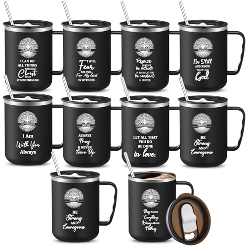 ▶ Juego de 10 vasos de regalo cristiano con versículo bíblico a granel, 17 onzas, tazas de café cristianas con tapa y pajita, vasos religiosos de Jesús para iglesia, domingo, escuela, regalos