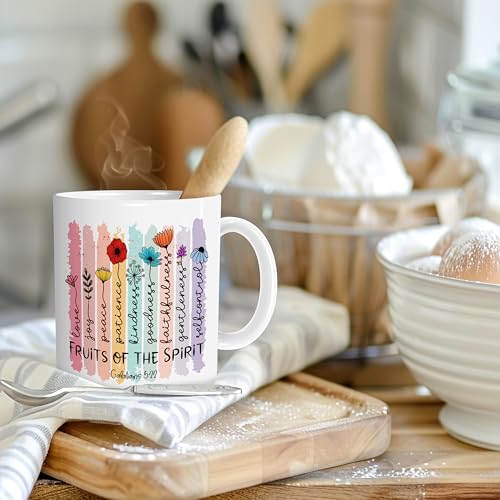 ▶ Taza de café cristiana con flores coloridas, regalos cristianos para la fe de las mujeres, regalos de verso de la Biblia, fruta del espíritu, taza de café de cerámica de 11 onzas