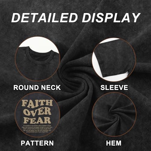 ▶ Camisas cristianas para hombres con fe sobre el miedo, camisa de gran tamaño, playera de lavado ácido, playera religiosa con versículo bíblico, Negro -, Large