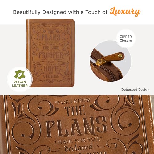 Classic Faux Leather Journal for I Know the Plans Jeremiah 29:11 Bible Verse Bible Verse Brown Inspirational Notebook, Lined Pages W/Scripture, Ribbon Marker, Zipper Closure