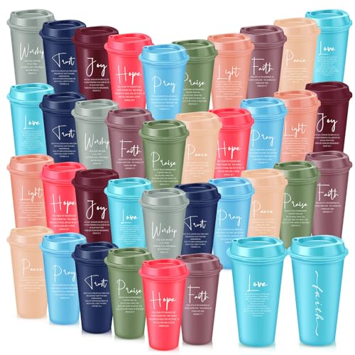 ▶ 40 tazas de café de plástico con versículo bíblico con tapas, vasos de plástico religioso reutilizables de 16 onzas, regalos de agradecimiento de la iglesia cristiana para empleados