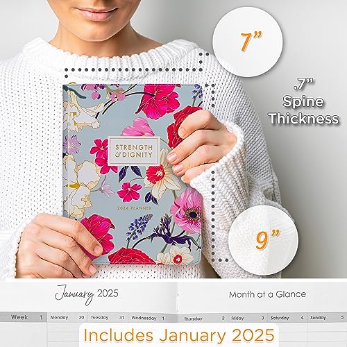 Christian Art Gifts 2024 18 Month Women's Large Vegan Leather Personal Planner Organizer w/Zipper Closure: Strength & Dignity Bible Verse for Daily, Weekly, Monthly Planning, Pink & Blue Multi Floral