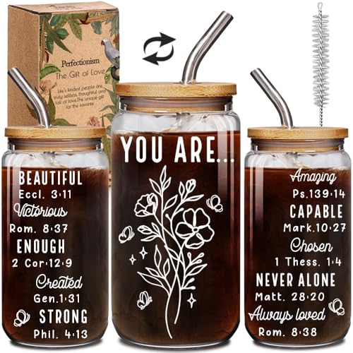 ▶Taza cristiana de vidrio con tapa de bambú, regalos cristianos para la fe de las mujeres, regalo bíblico para el día de la madre, regalos religiosos, regalo inspirador de aliento