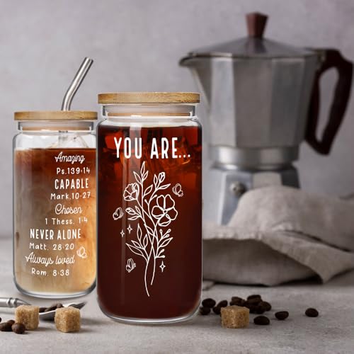 ▶Taza cristiana de vidrio con tapa de bambú, regalos cristianos para la fe de las mujeres, regalo bíblico para el día de la madre, regalos religiosos, regalo inspirador de aliento