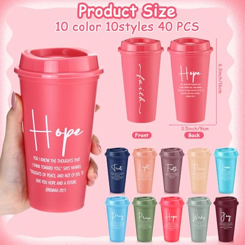 ▶ 40 tazas de café de plástico con versículo bíblico con tapas, vasos de plástico religioso reutilizables de 16 onzas, regalos de agradecimiento de la iglesia cristiana para empleados