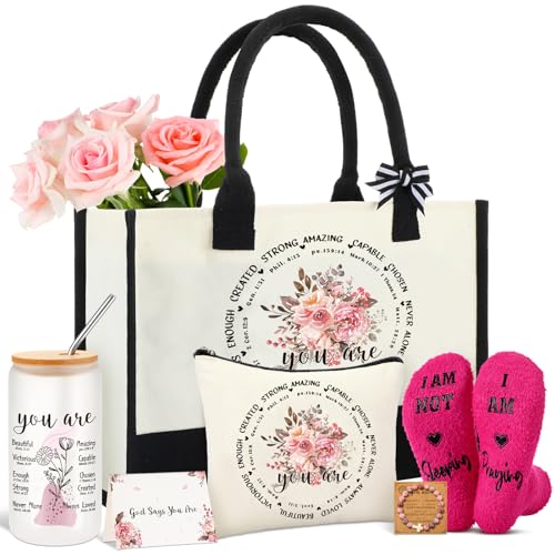 ▶  Juego de 6 piezas de regalo cristiano para mujer, incluye café de 16 onzas, taza de vidrio con tapa, bolsa de lona, calcetines cálidos, pulsera y tarjeta de felicitación, regalos religiosos