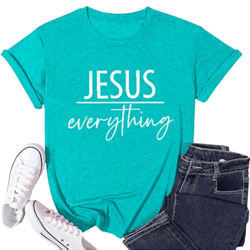 ▶ Camisetas con estampado de Jesús para mujer, con versículo bíblico, con citas religiosas, manga corta, con texto en inglés "Jesús y devoto", Verde menta-evertything, Small