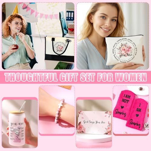 ▶  Juego de 6 piezas de regalo cristiano para mujer, incluye café de 16 onzas, taza de vidrio con tapa, bolsa de lona, calcetines cálidos, pulsera y tarjeta de felicitación, regalos religiosos